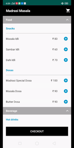 Madrasi menu with food categories and checkout